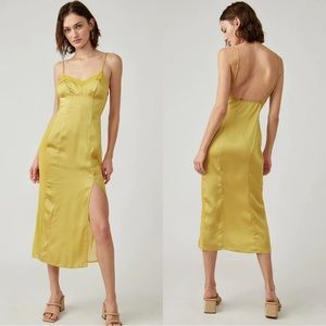 NWT Free People Chartreuse/“Bitter Oil” midi slip w/ slit Sz XS